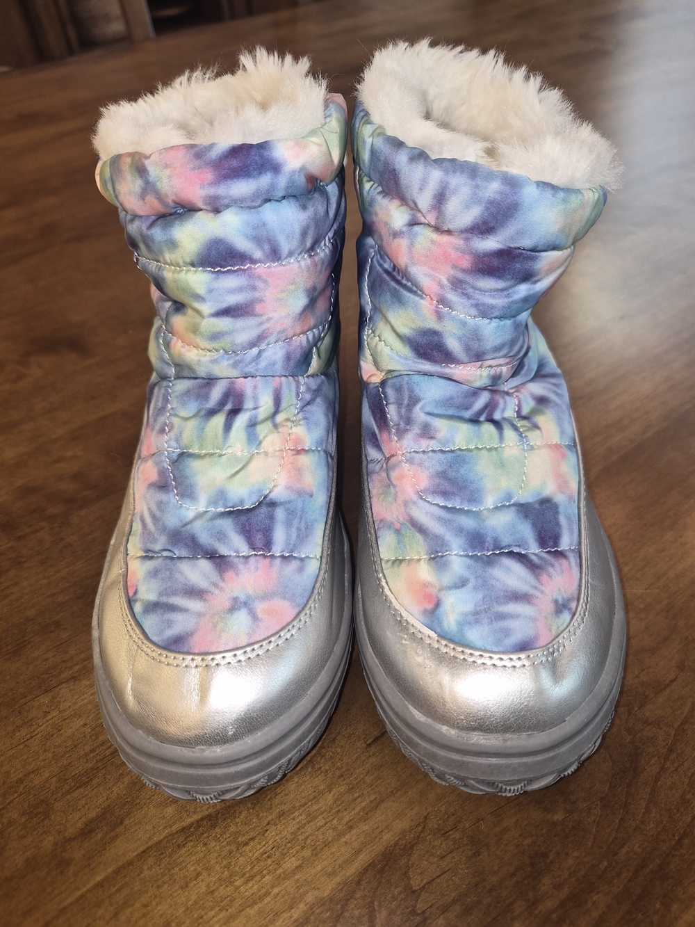 Kids Tundra Tie-Dye Snow Boots with Faux Fur Lining - Silver Accents Sz 3